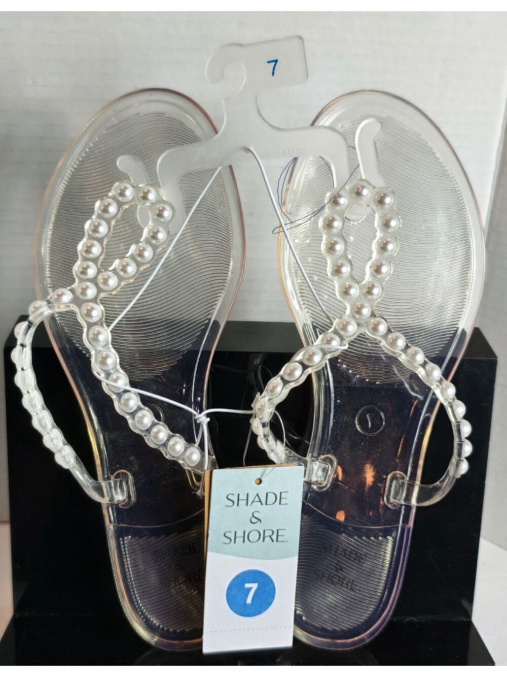 Shade & Shore Womens 7 Clear Pearl Jelly Thong Sandals Flip Flops Beach Summer